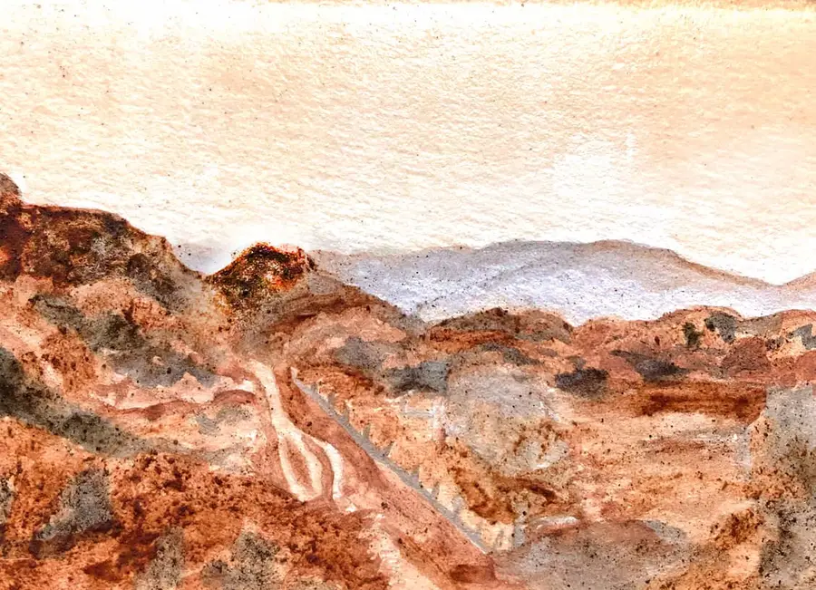 Cocoa-ink landscape of the Sierra Nevada foothills in warm earth tones.