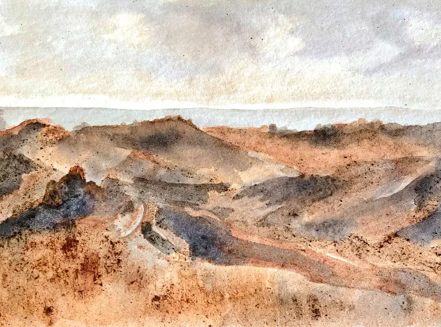 Cocoa-ink landscape of layered hills planted with cacao and fruit trees.