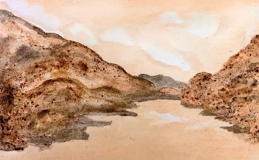 Cocoa-ink landscape of a river winding between hills, painted in soft browns.