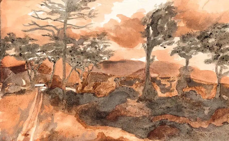Cocoa-ink landscape in warm browns showing a fence line and trees under an open sky.