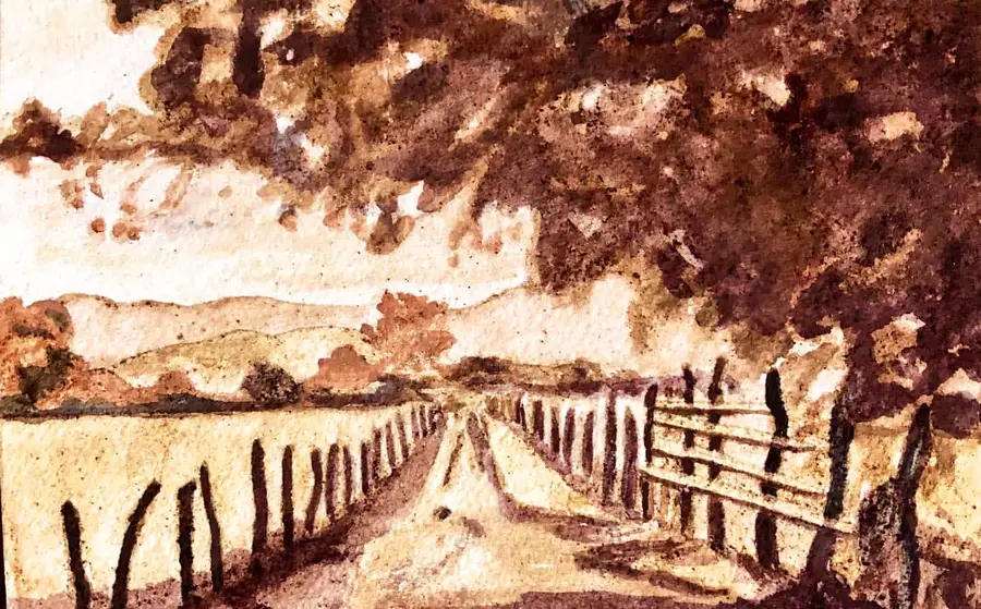 Cocoa-ink landscape of a calm rice field beside a cacao plantation, painted in sepia tones.