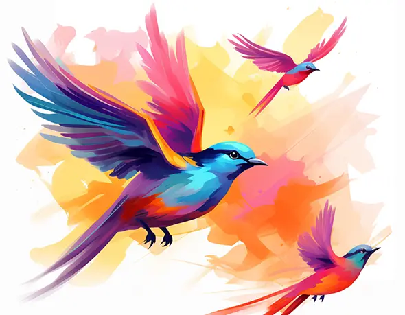 Watercolour illustration of three brightly coloured birds in flight against washes of orange and pink.