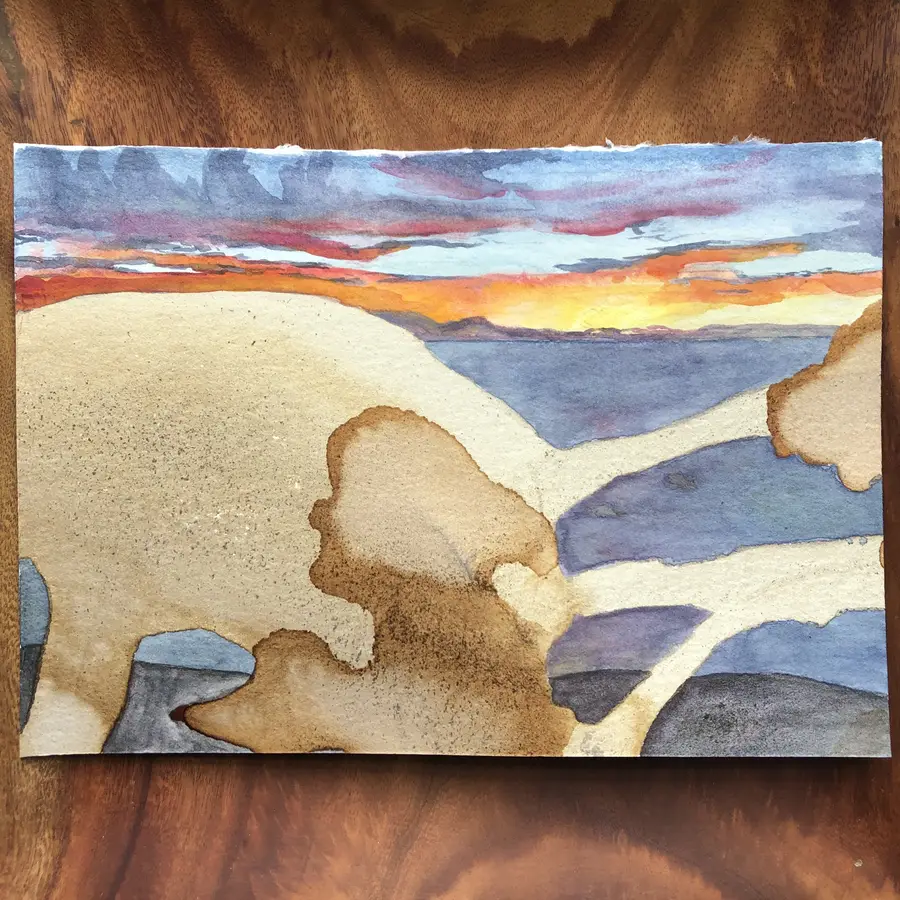 Watercolour and cocoa-ink painting of a sunset.