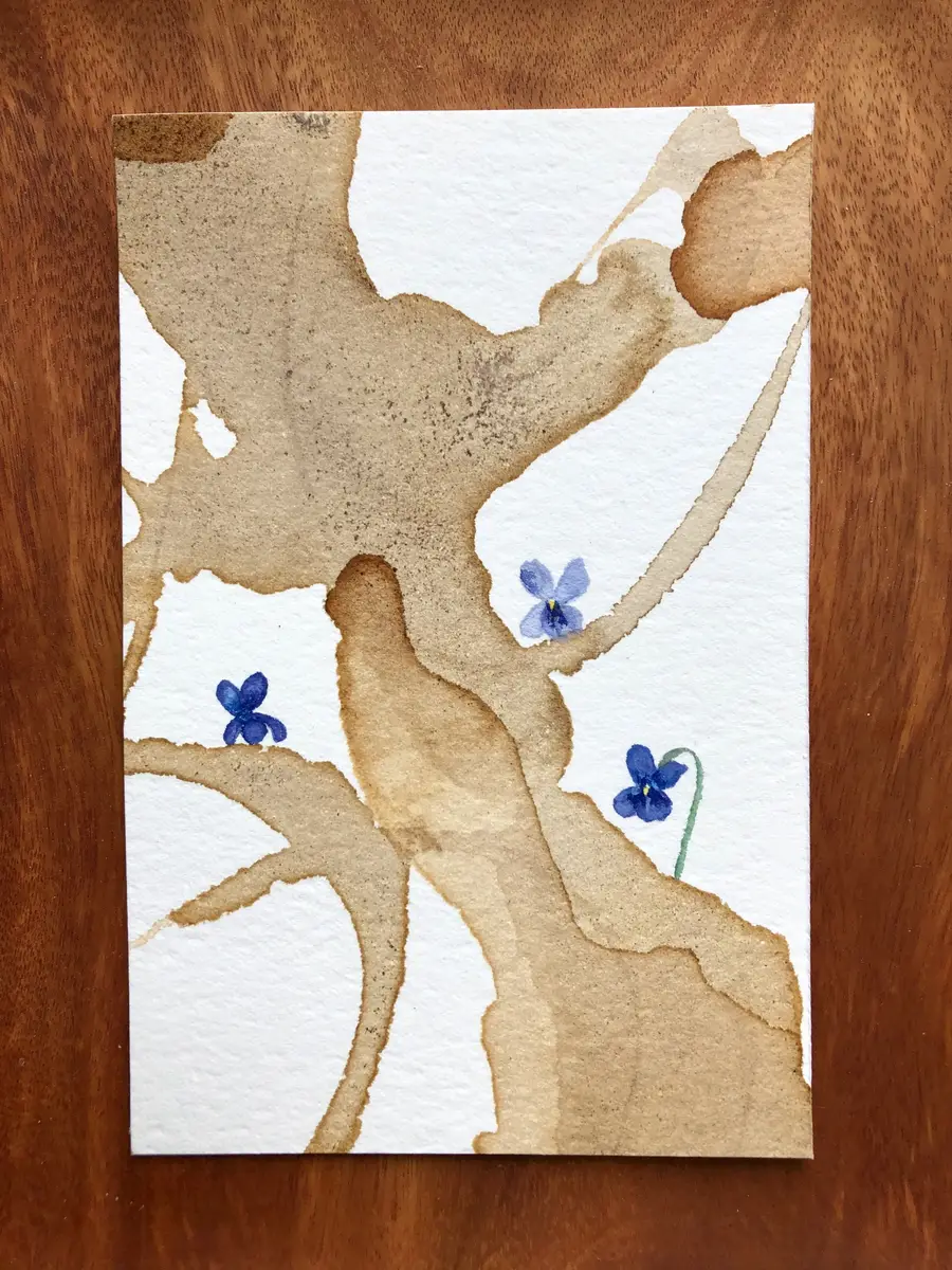 Watercolour and cocoa-ink painting of violets.